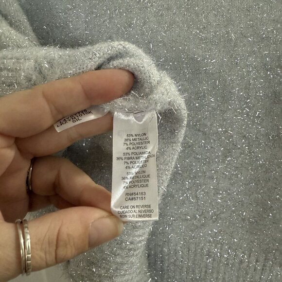 NWT Karl Lagerfeld Silver Fuzzy Gray C'est La Vie Sweater Crewneck Metallic Sz M - Picture 3 of 5